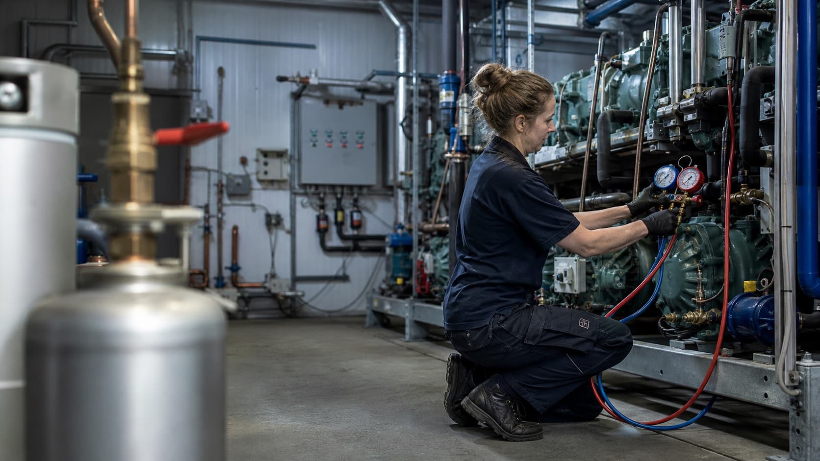 Refrigeration engineer connecting a manifold gauge to a commercial compressor pack.