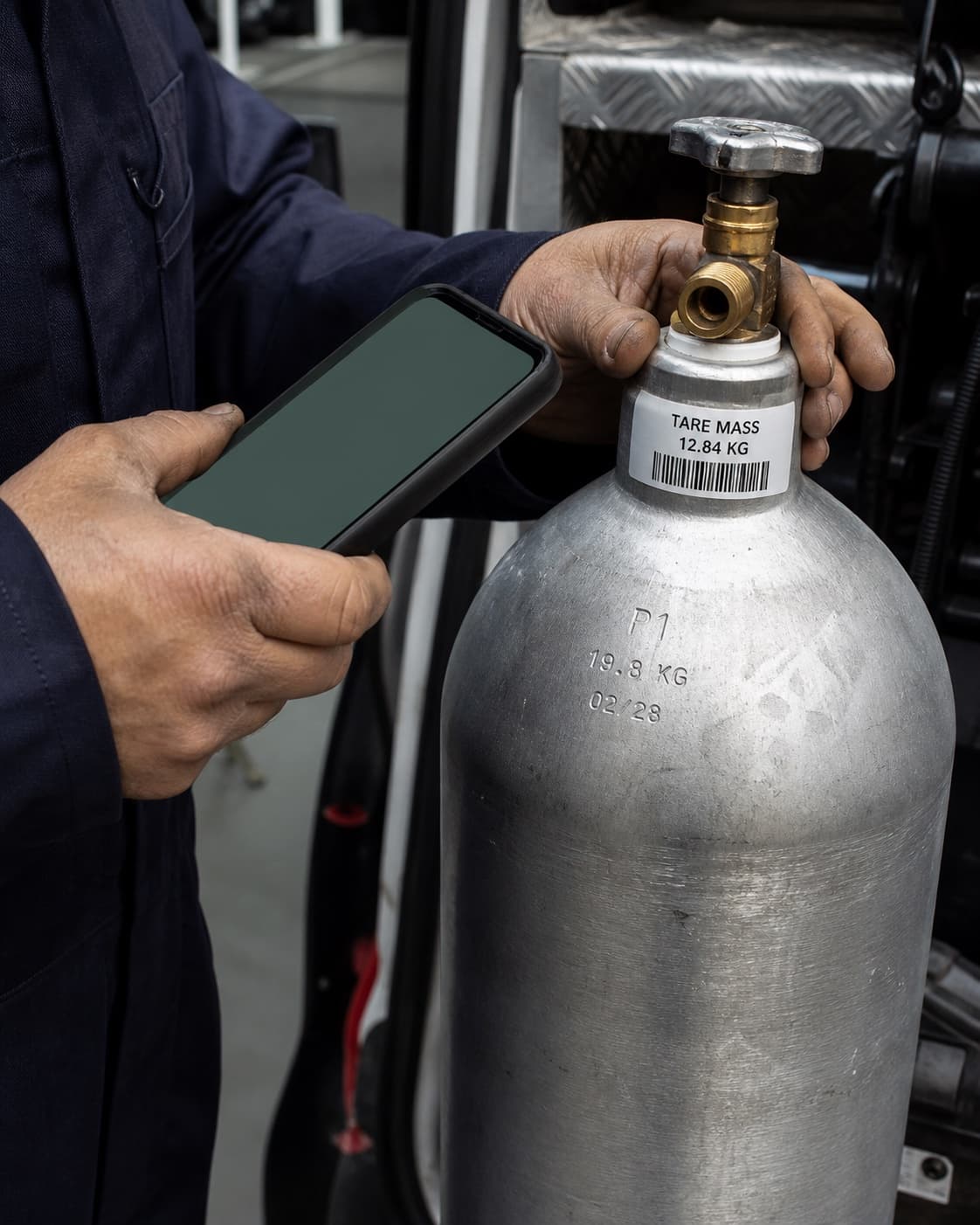 Engineer scanning a cylinder neck label with a phone — tare mass and Pi mark stamped on the cylinder shoulder.