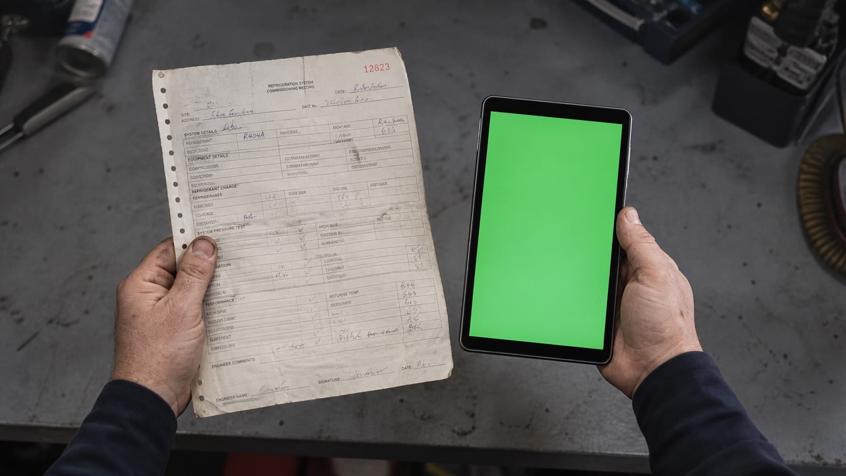 Engineer holding a paper job sheet beside a tablet — the platform replaces the paper certificate with a signed PDF.